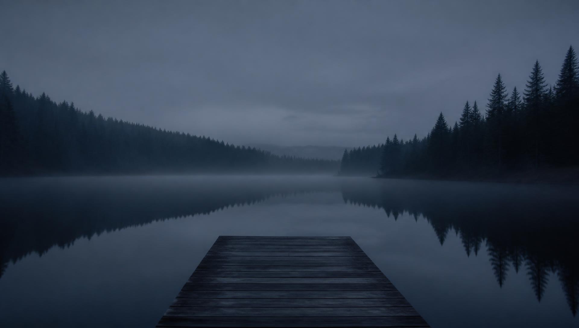 A still, misty lake at dusk framed by dark pine forest